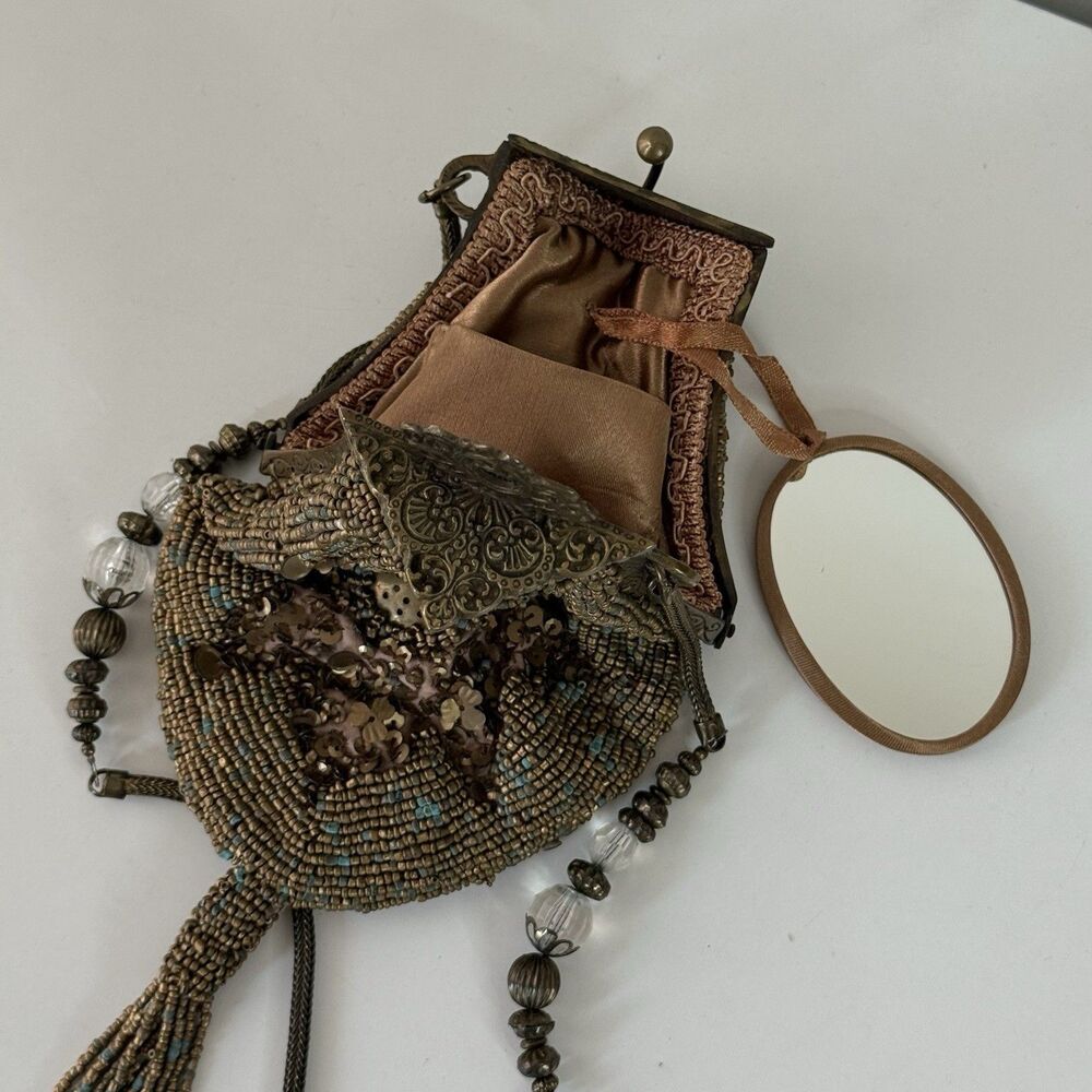 Antique 1920s Glass Beaded Victorian Flapper Purse Ornate Metal Frame W/ Mirror - Picture 9 of 12